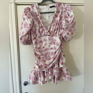 Floral V-Neck Puff Sleeve Dress Ruched